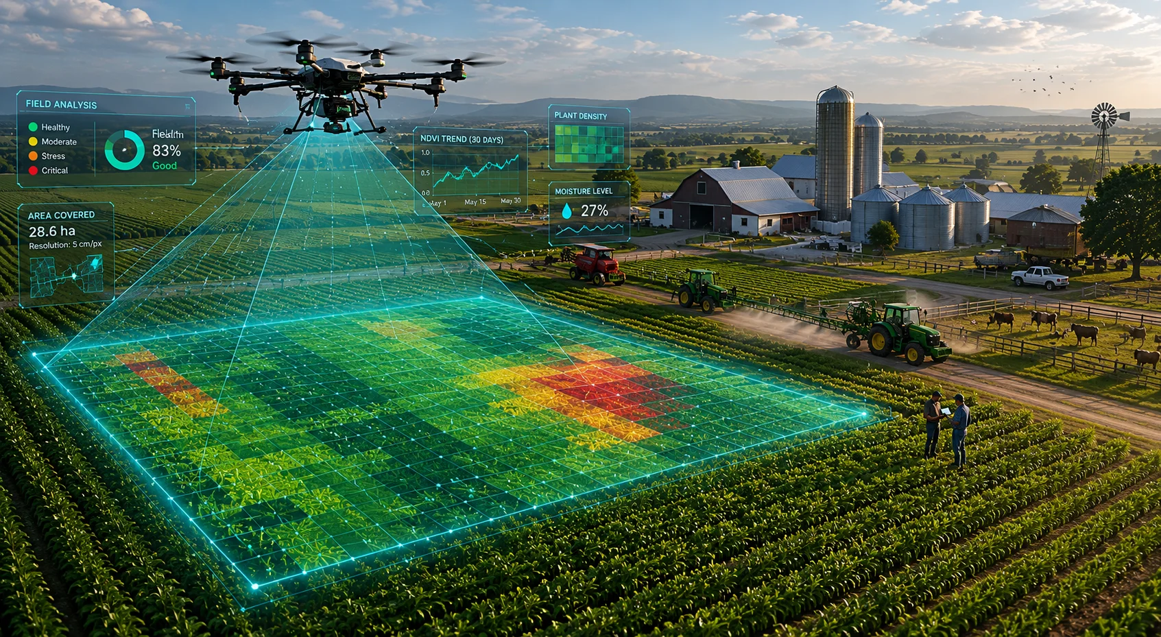 Drone scanning an agricultural field with grid telemetry overlay